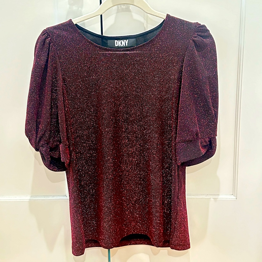 NWT DKNY Burgundy Glitter Sparkly Puffy Shoulder Shirt
